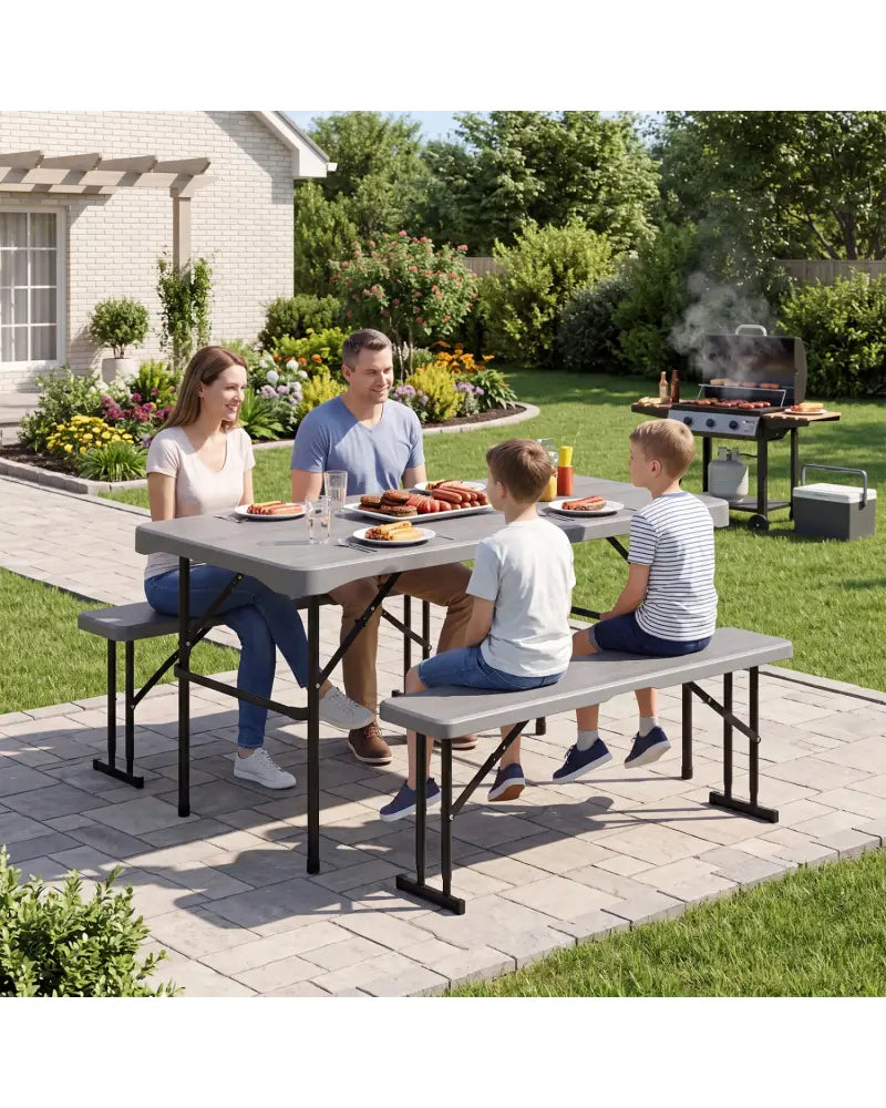 44’’ HDPE Folding Picnic Table Set with 2 Benches-Gray - Gray - Picnic Tables