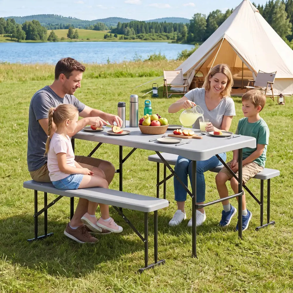 44’’ HDPE Folding Picnic Table Set with 2 Benches-Gray - Gray - Picnic Tables