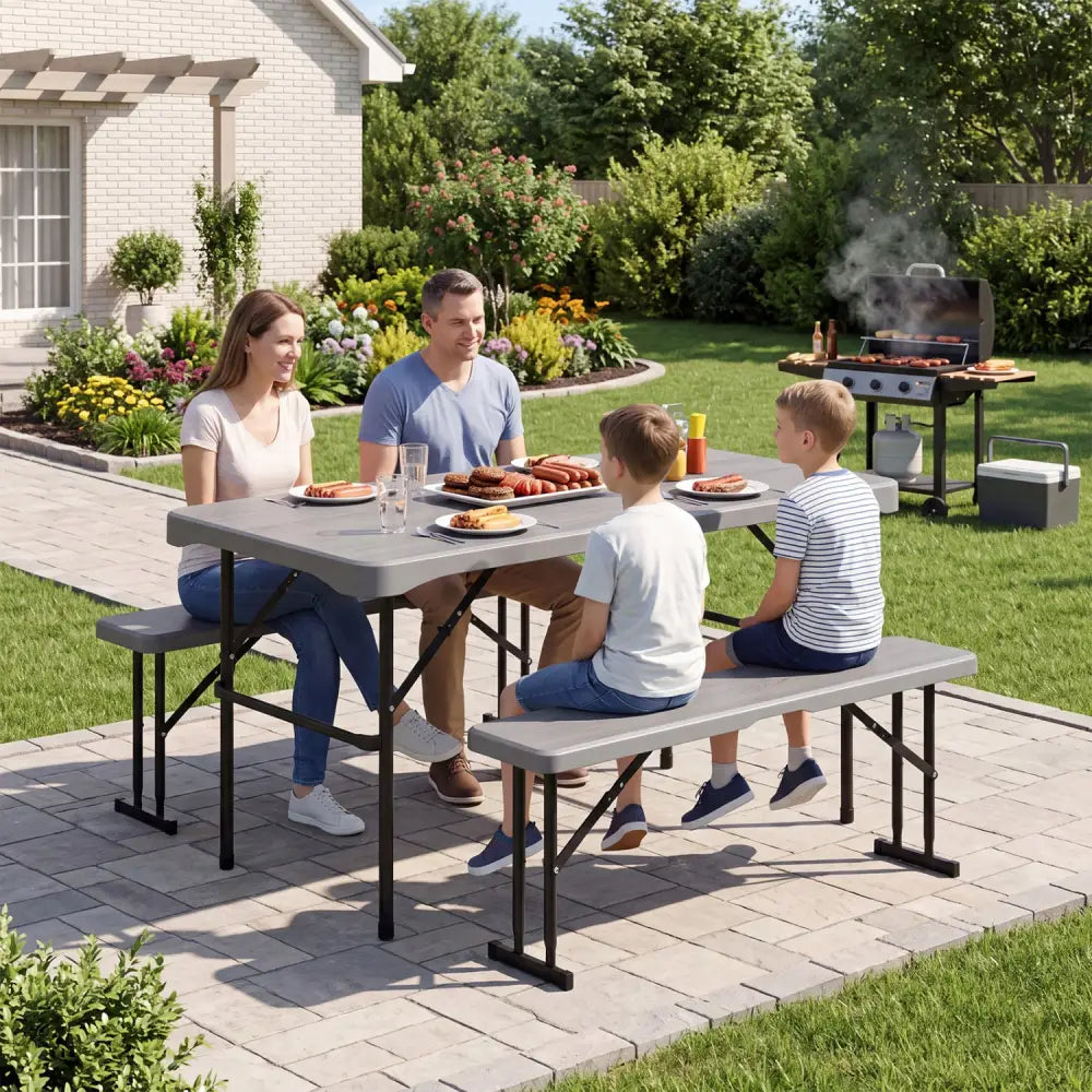 44’’ HDPE Folding Picnic Table Set with 2 Benches-Gray - Gray - Picnic Tables