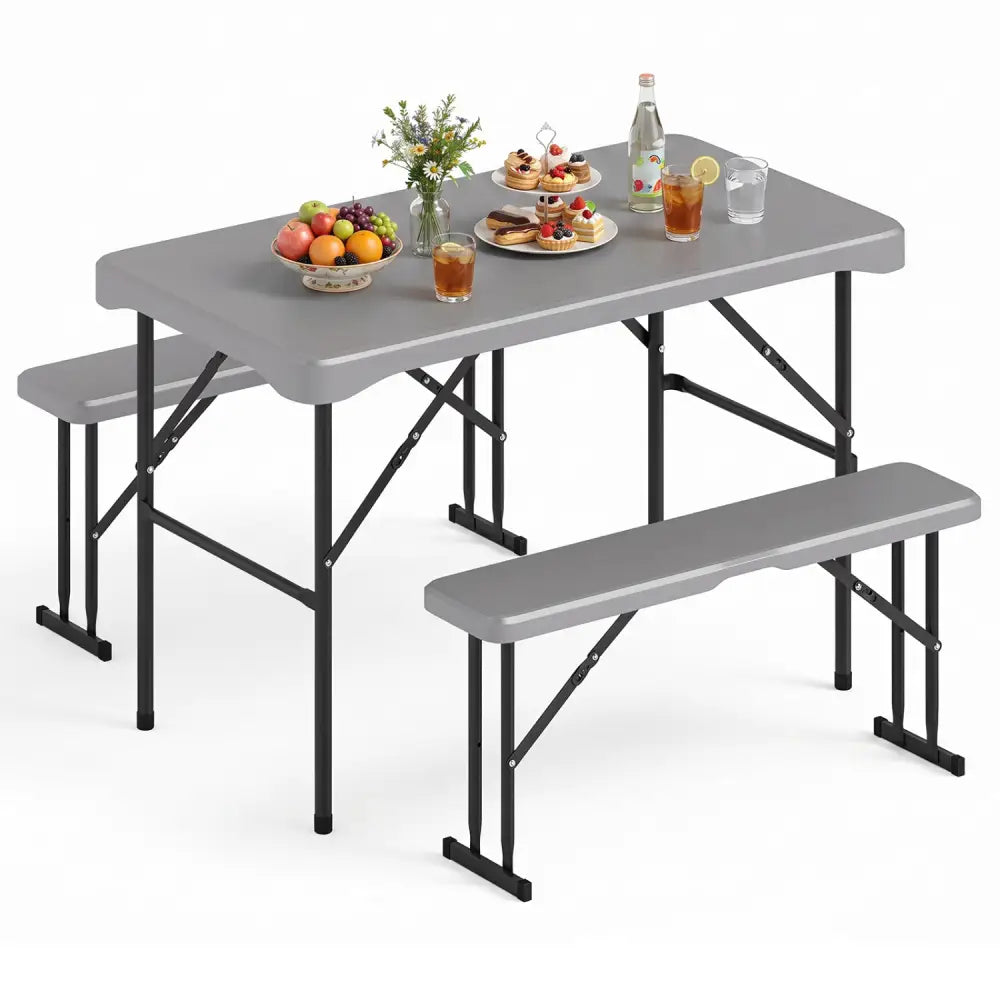 44’’ HDPE Folding Picnic Table Set with 2 Benches-Gray - Gray - Picnic Tables