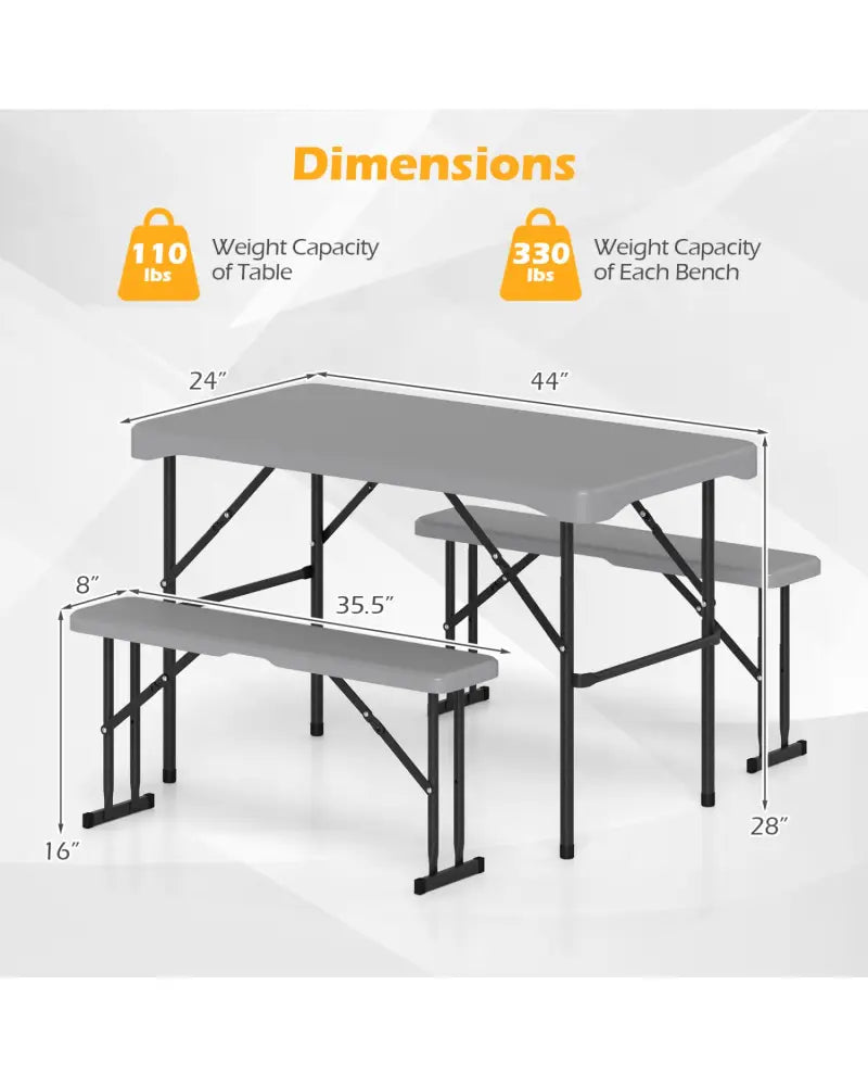 44’’ HDPE Folding Picnic Table Set with 2 Benches-Gray - Gray - Picnic Tables