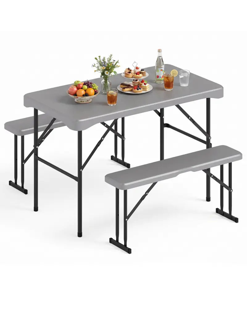 44’’ HDPE Folding Picnic Table Set with 2 Benches-Gray - Gray - Picnic Tables