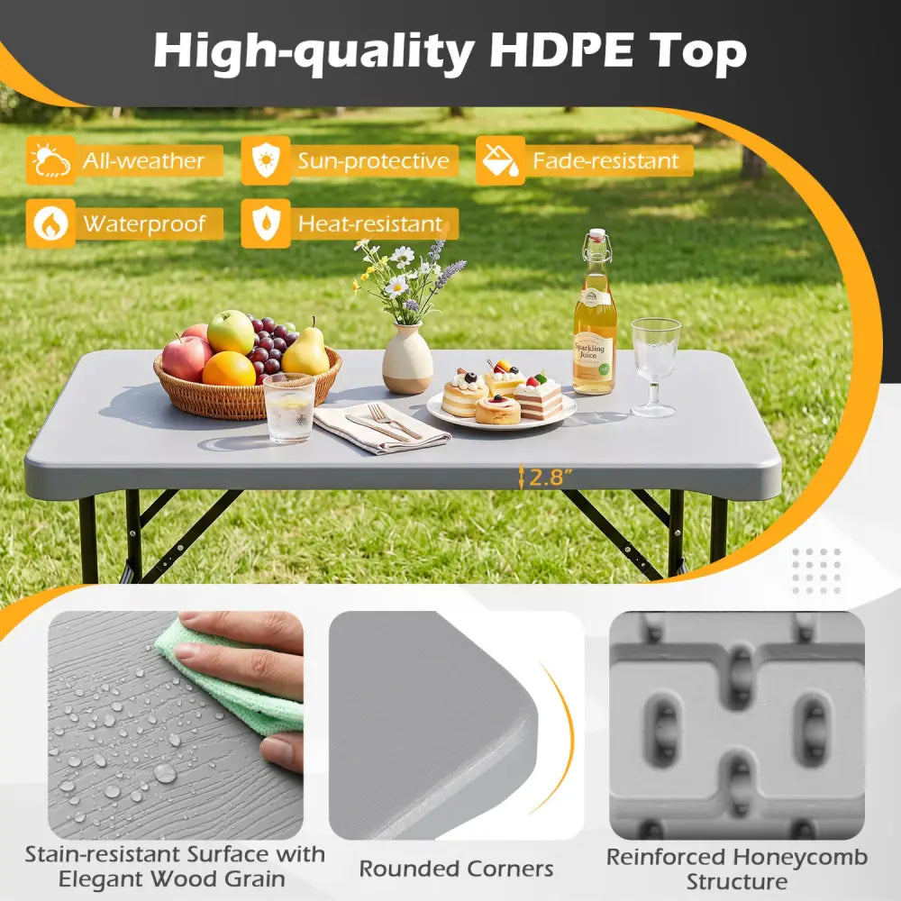 44’’ HDPE Folding Picnic Table Set with 2 Benches-Gray - Gray - Picnic Tables