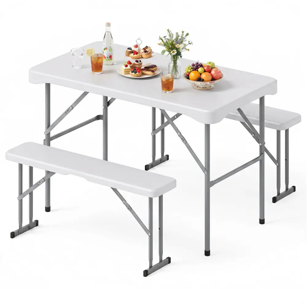 44’’ HDPE Folding Picnic Table Set with 2 Benches-White - White - Picnic Tables