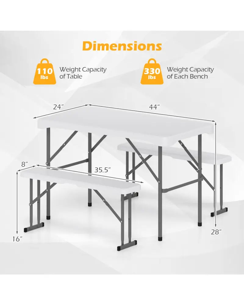 44’’ HDPE Folding Picnic Table Set with 2 Benches-White - White - Picnic Tables