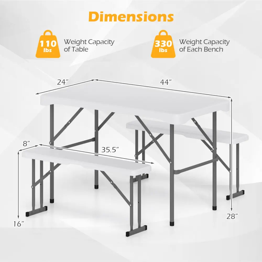44’’ HDPE Folding Picnic Table Set with 2 Benches-White - White - Picnic Tables