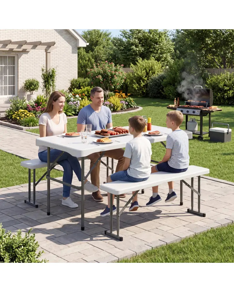 44’’ HDPE Folding Picnic Table Set with 2 Benches-White - White - Picnic Tables