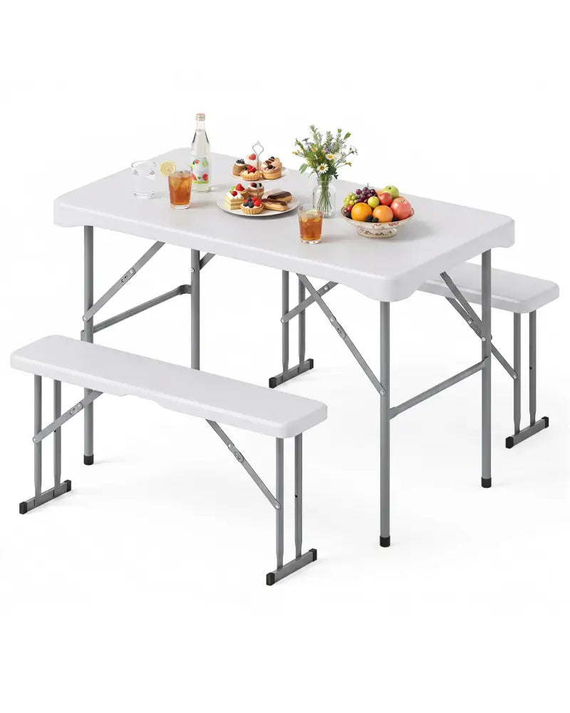 44’’ HDPE Folding Picnic Table Set with 2 Benches-White - White - Picnic Tables