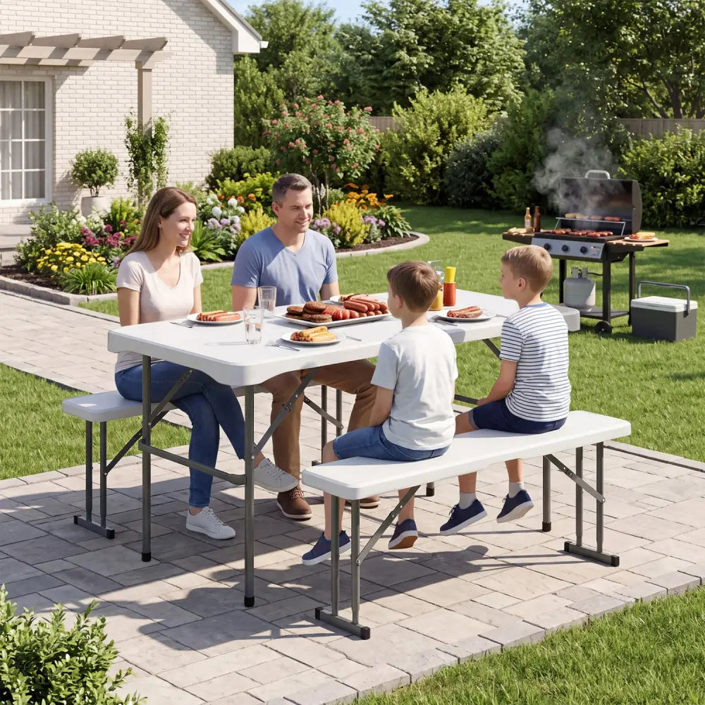 44’’ HDPE Folding Picnic Table Set with 2 Benches-White - White - Picnic Tables