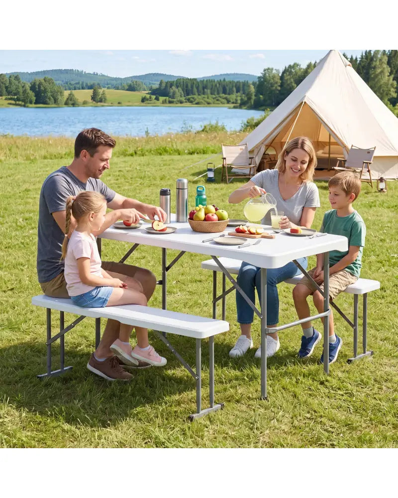 44’’ HDPE Folding Picnic Table Set with 2 Benches-White - White - Picnic Tables
