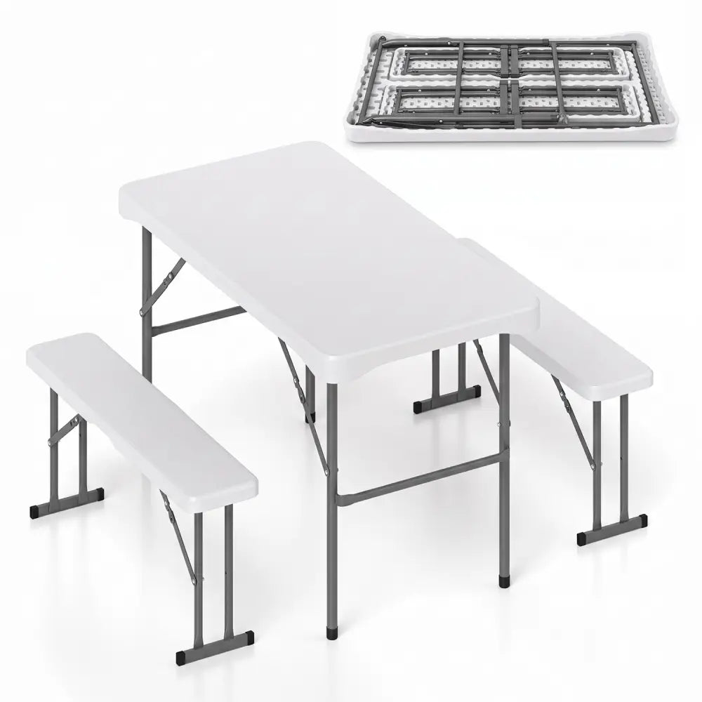 44’’ HDPE Folding Picnic Table Set with 2 Benches-White - White - Picnic Tables