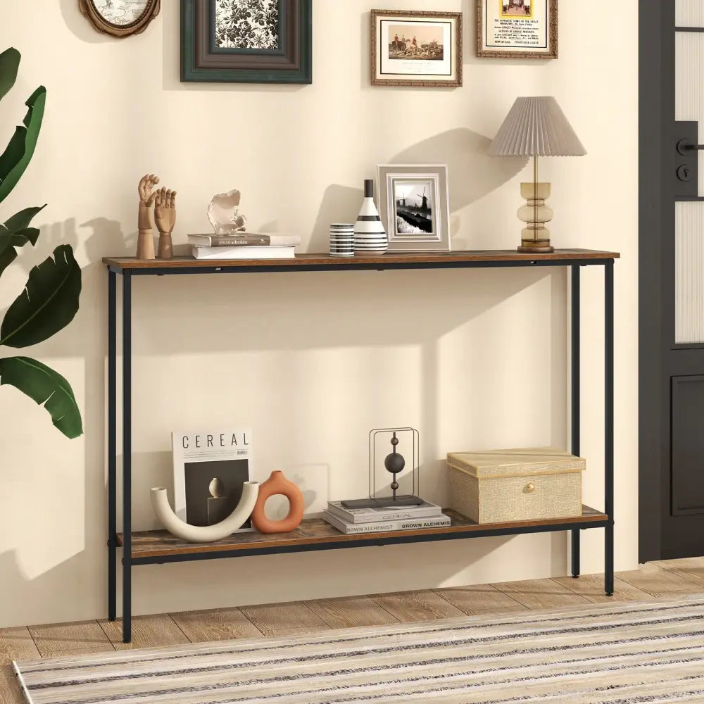 44 Inch Console Table with Shelf with Dual Anti-Tipping Kits-Rustic Brown - Rustic Brown - Console Tables