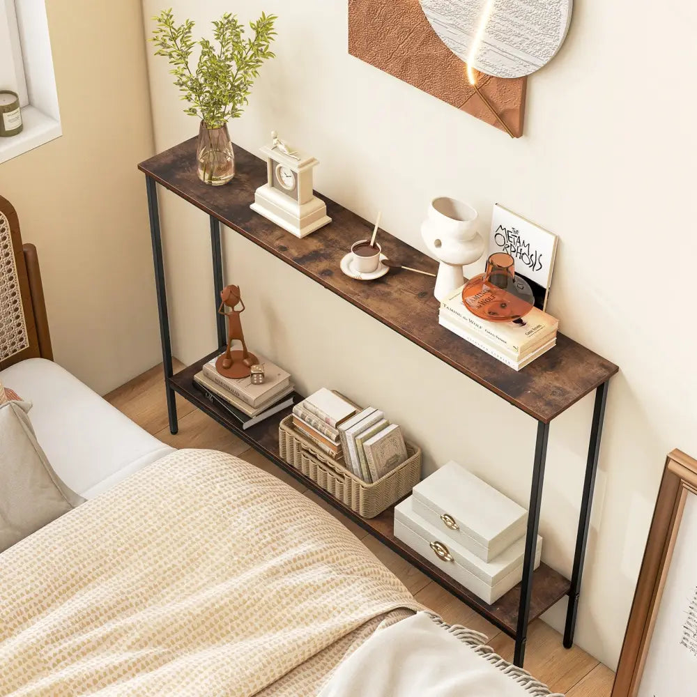 44 Inch Console Table with Shelf with Dual Anti-Tipping Kits-Rustic Brown - Rustic Brown - Console Tables
