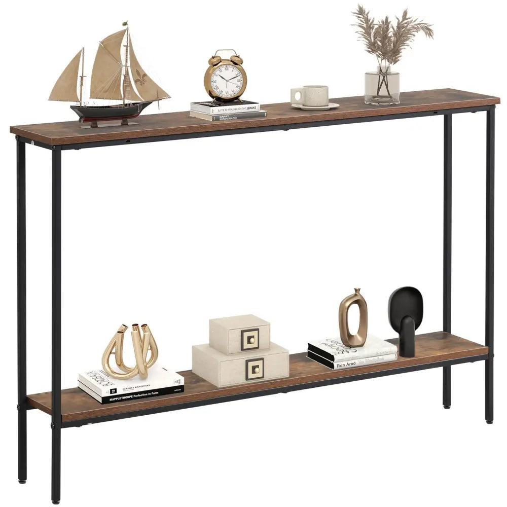 44 Inch Console Table with Shelf with Dual Anti-Tipping Kits-Rustic Brown - Rustic Brown - Console Tables
