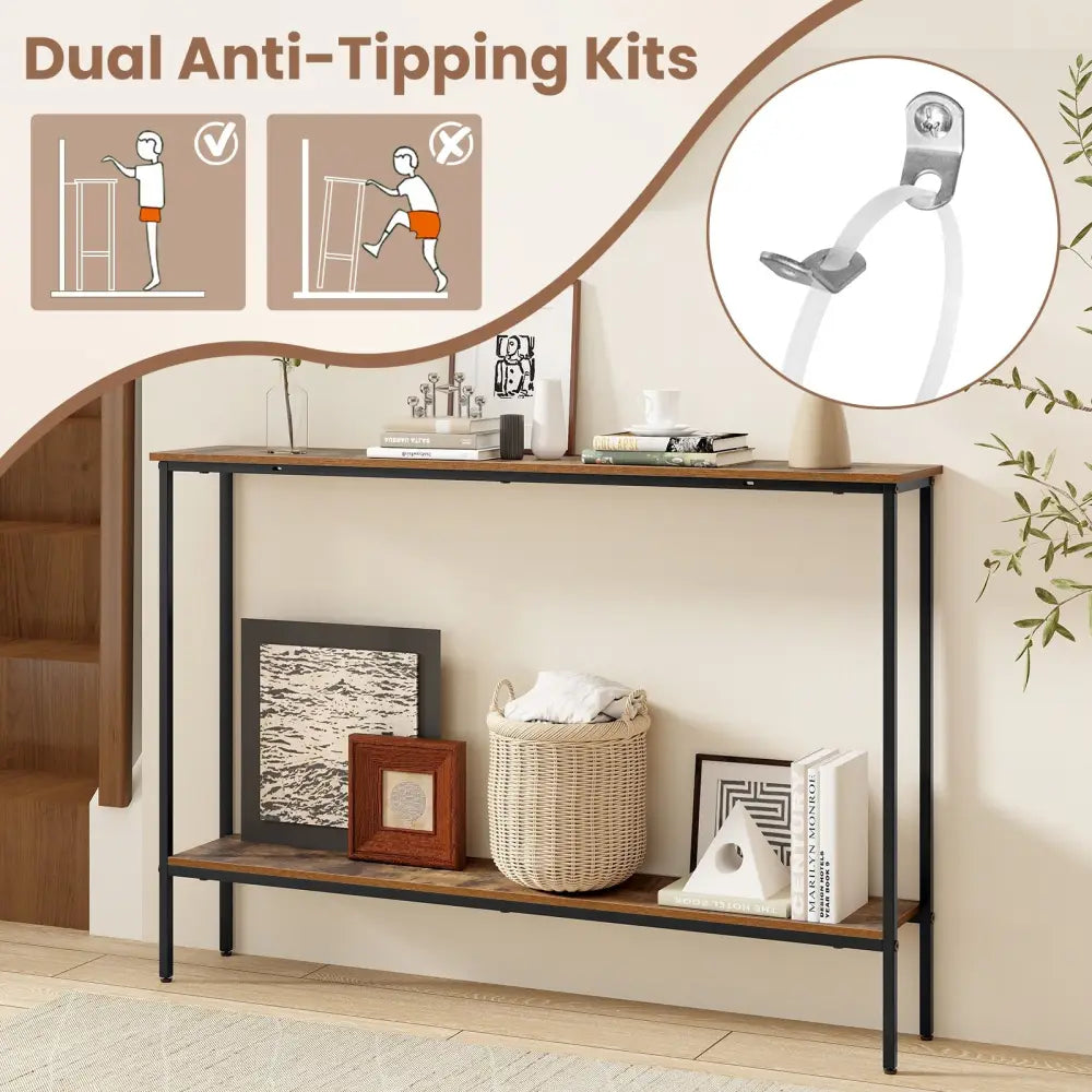44 Inch Console Table with Shelf with Dual Anti-Tipping Kits-Rustic Brown - Rustic Brown - Console Tables