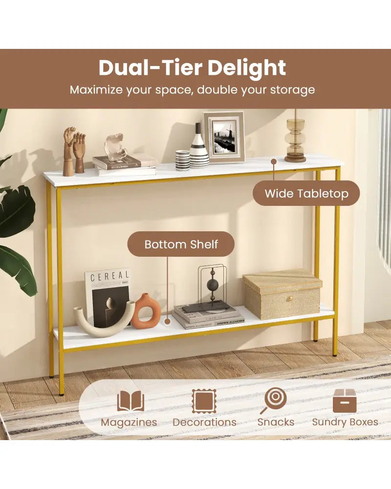 44 Inch Console Table with Shelf with Dual Anti-Tipping Kits-White - White - Console Tables