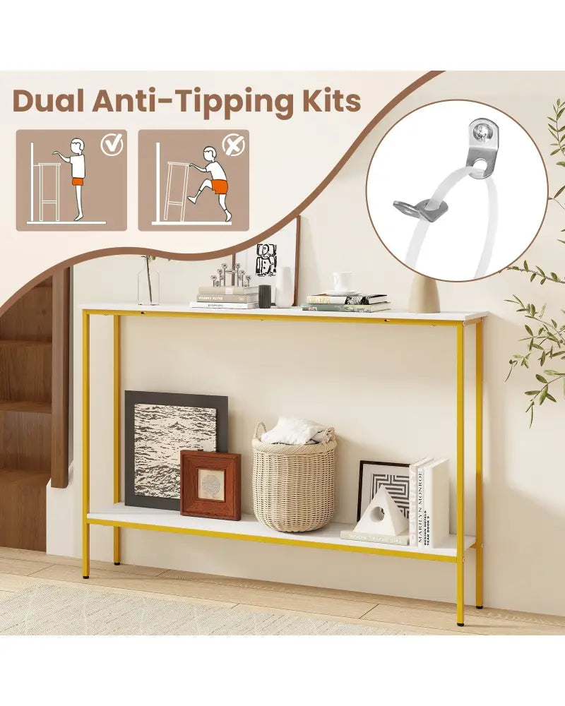 44 Inch Console Table with Shelf with Dual Anti-Tipping Kits-White - White - Console Tables