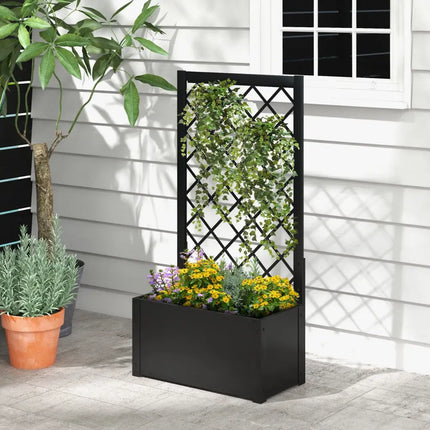 44 Inch Metal Raised Garden Bed with Trellis-Black - Black - Raised Garden Beds