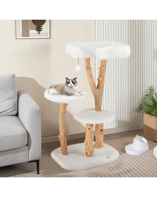 44 Inch Solid Wood Cat Tree with Perch and Natural Jute Scratching Posts-White - White - Cat Trees Condos & Scratchers