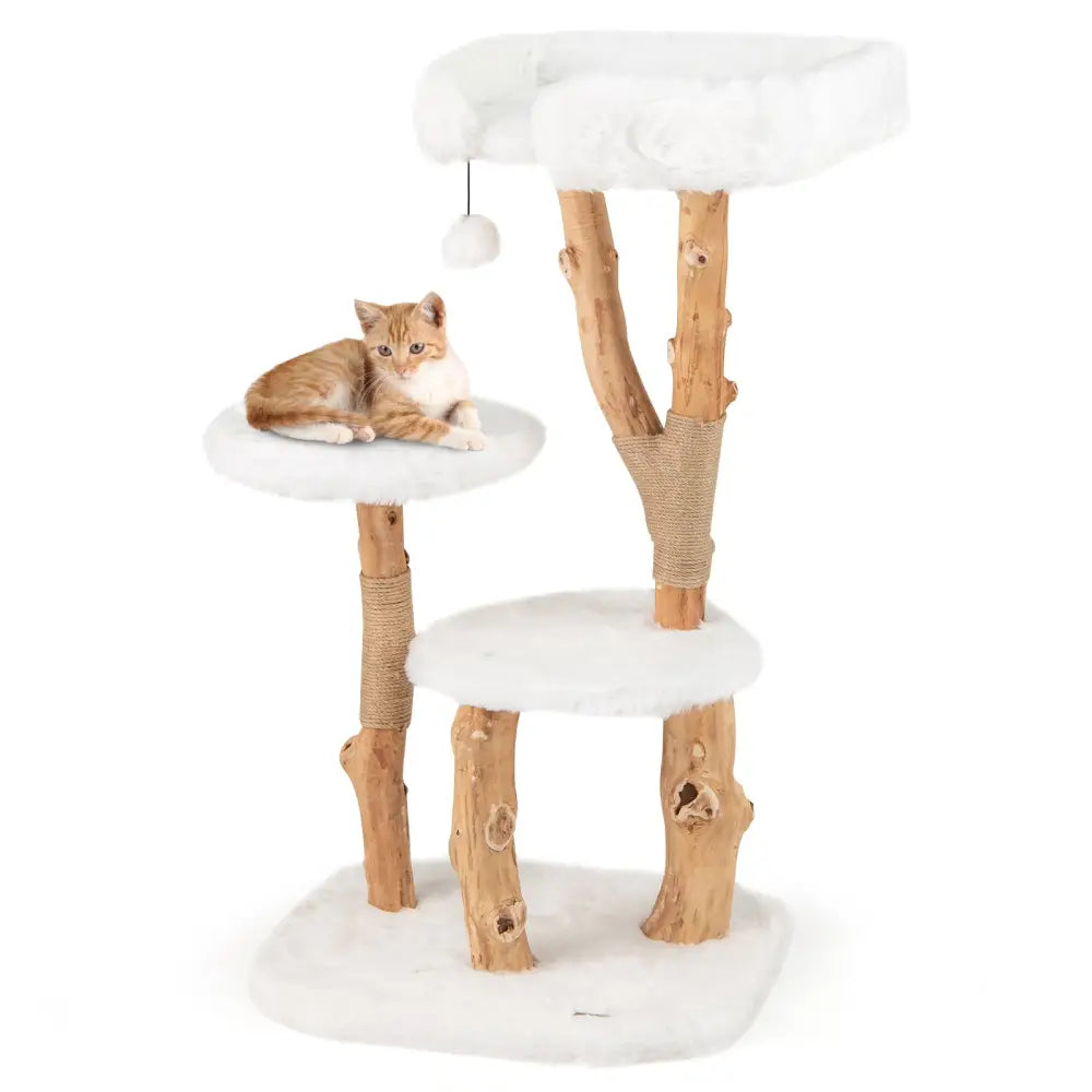 44 Inch Solid Wood Cat Tree with Perch and Natural Jute Scratching Posts-White - White - Cat Trees Condos & Scratchers