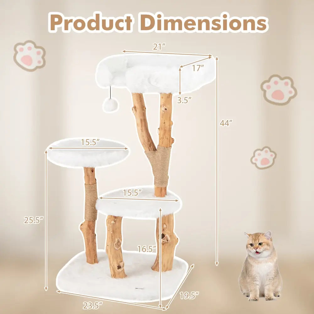44 Inch Solid Wood Cat Tree with Perch and Natural Jute Scratching Posts-White - White - Cat Trees Condos & Scratchers