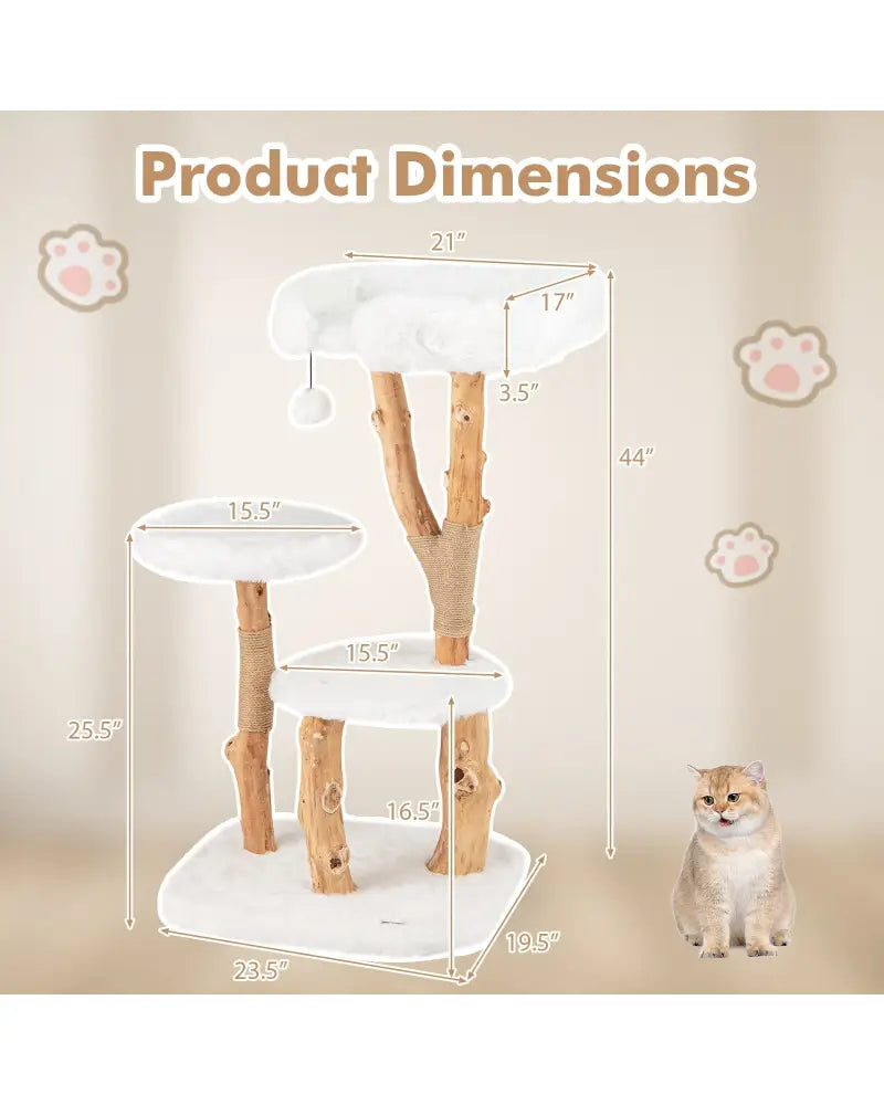 44 Inch Solid Wood Cat Tree with Perch and Natural Jute Scratching Posts-White - White - Cat Trees Condos & Scratchers