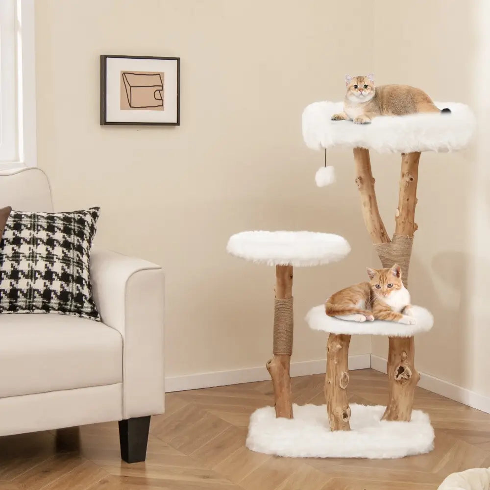 44 Inch Solid Wood Cat Tree with Perch and Natural Jute Scratching Posts-White - White - Cat Trees Condos & Scratchers