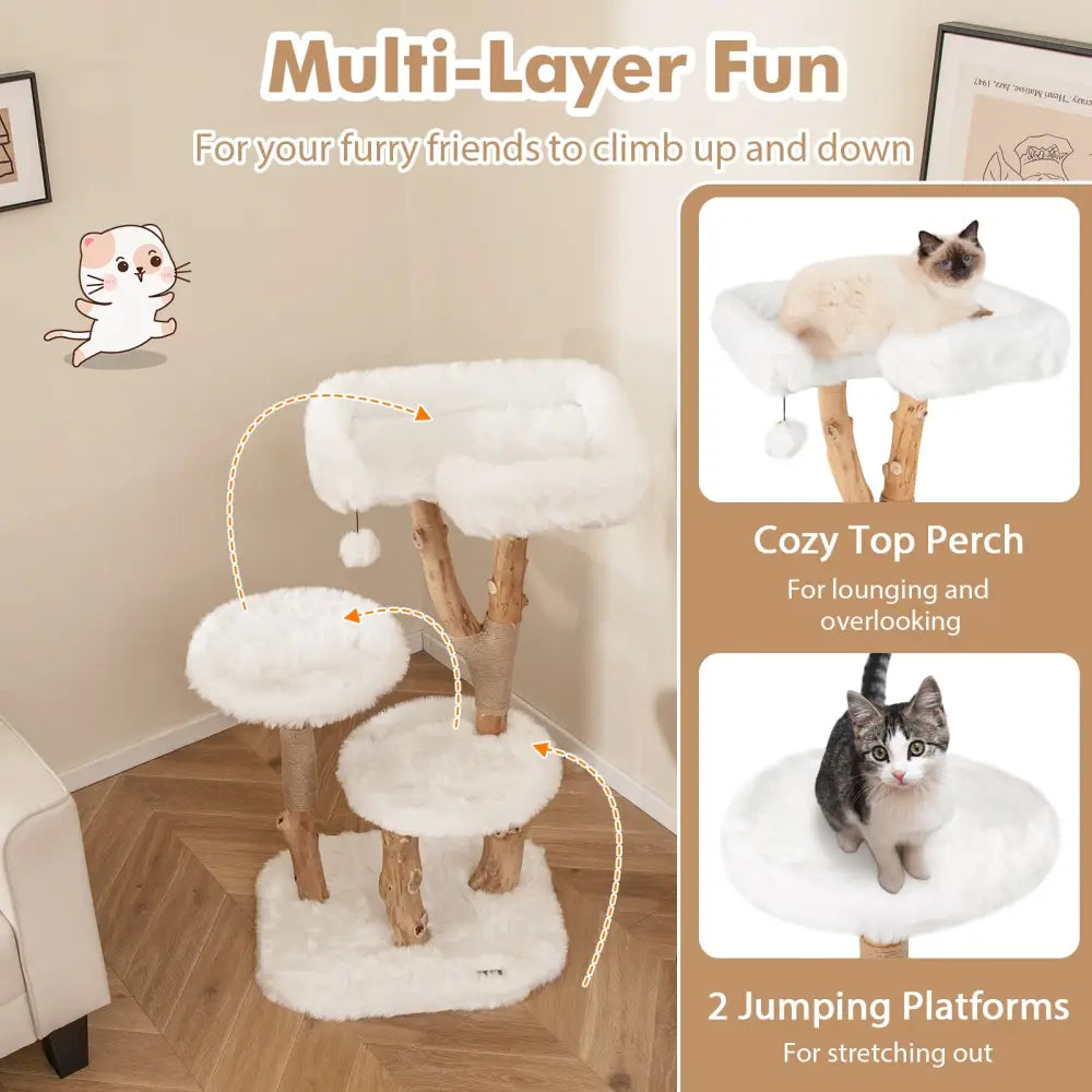 44 Inch Solid Wood Cat Tree with Perch and Natural Jute Scratching Posts-White - White - Cat Trees Condos & Scratchers