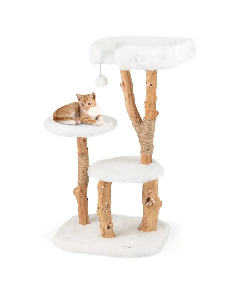 44 Inch Solid Wood Cat Tree with Perch and Natural Jute Scratching Posts-White - White - Cat Trees Condos & Scratchers
