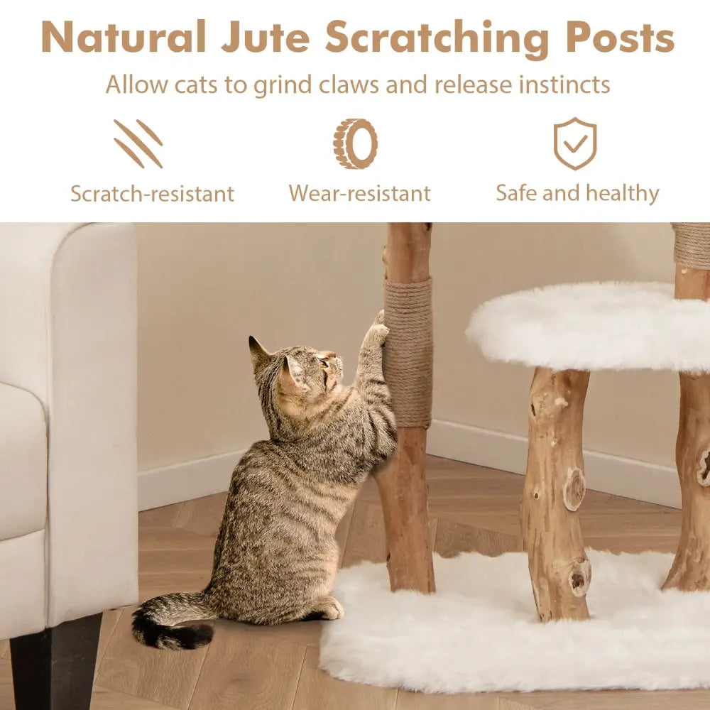 44 Inch Solid Wood Cat Tree with Perch and Natural Jute Scratching Posts-White - White - Cat Trees Condos & Scratchers