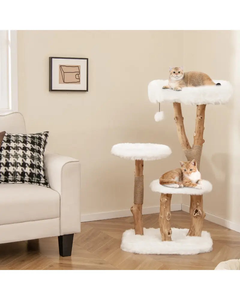 44 Inch Solid Wood Cat Tree with Perch and Natural Jute Scratching Posts-White - White - Cat Trees Condos & Scratchers