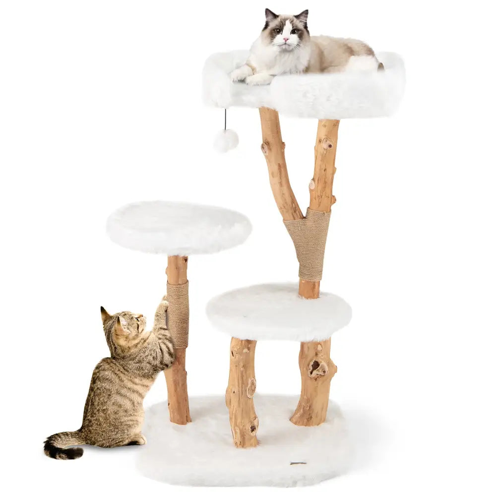 44 Inch Solid Wood Cat Tree with Perch and Natural Jute Scratching Posts-White - White - Cat Trees Condos & Scratchers