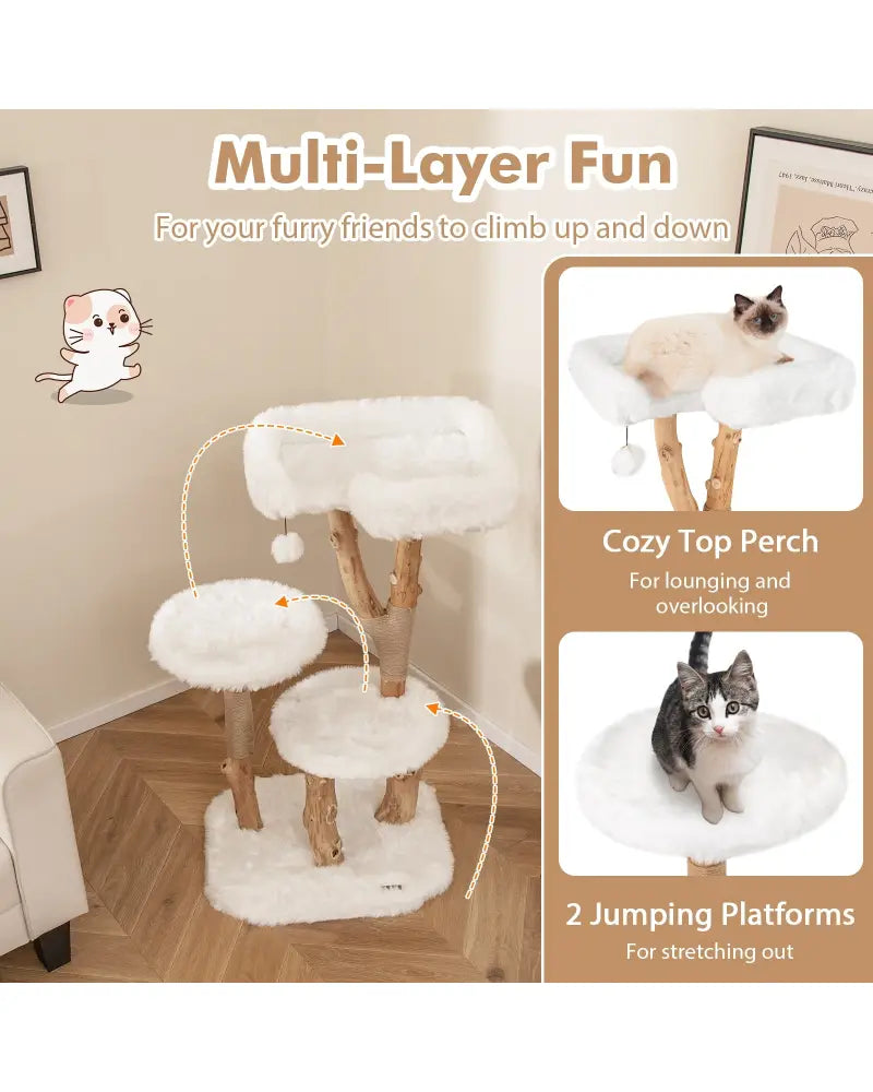 44 Inch Solid Wood Cat Tree with Perch and Natural Jute Scratching Posts-White - White - Cat Trees Condos & Scratchers