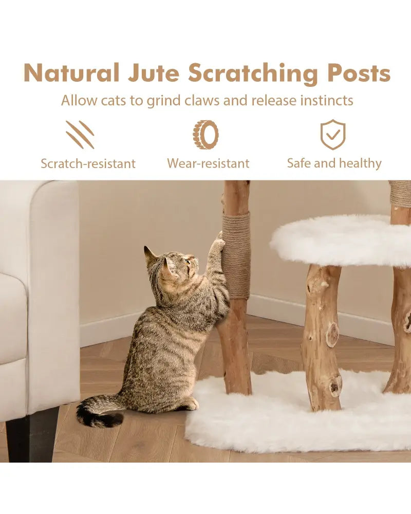 44 Inch Solid Wood Cat Tree with Perch and Natural Jute Scratching Posts-White - White - Cat Trees Condos & Scratchers