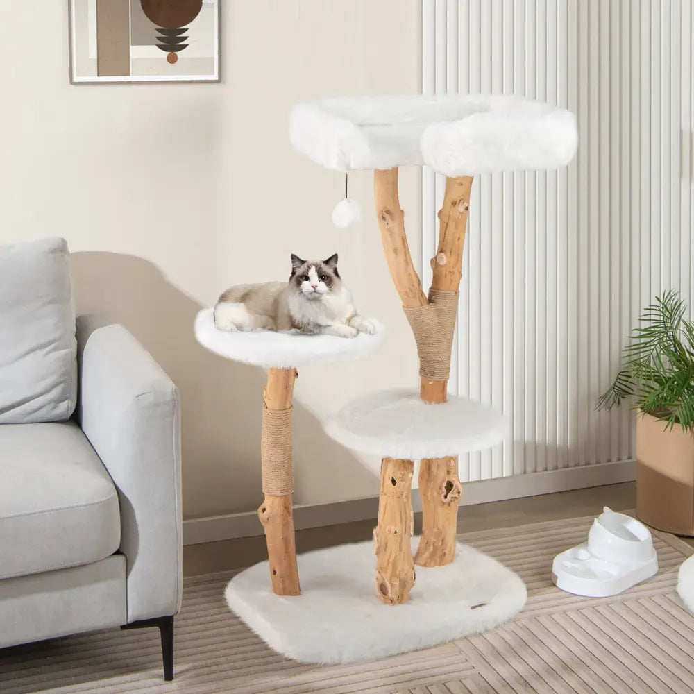 44 Inch Solid Wood Cat Tree with Perch and Natural Jute Scratching Posts-White - White - Cat Trees Condos & Scratchers
