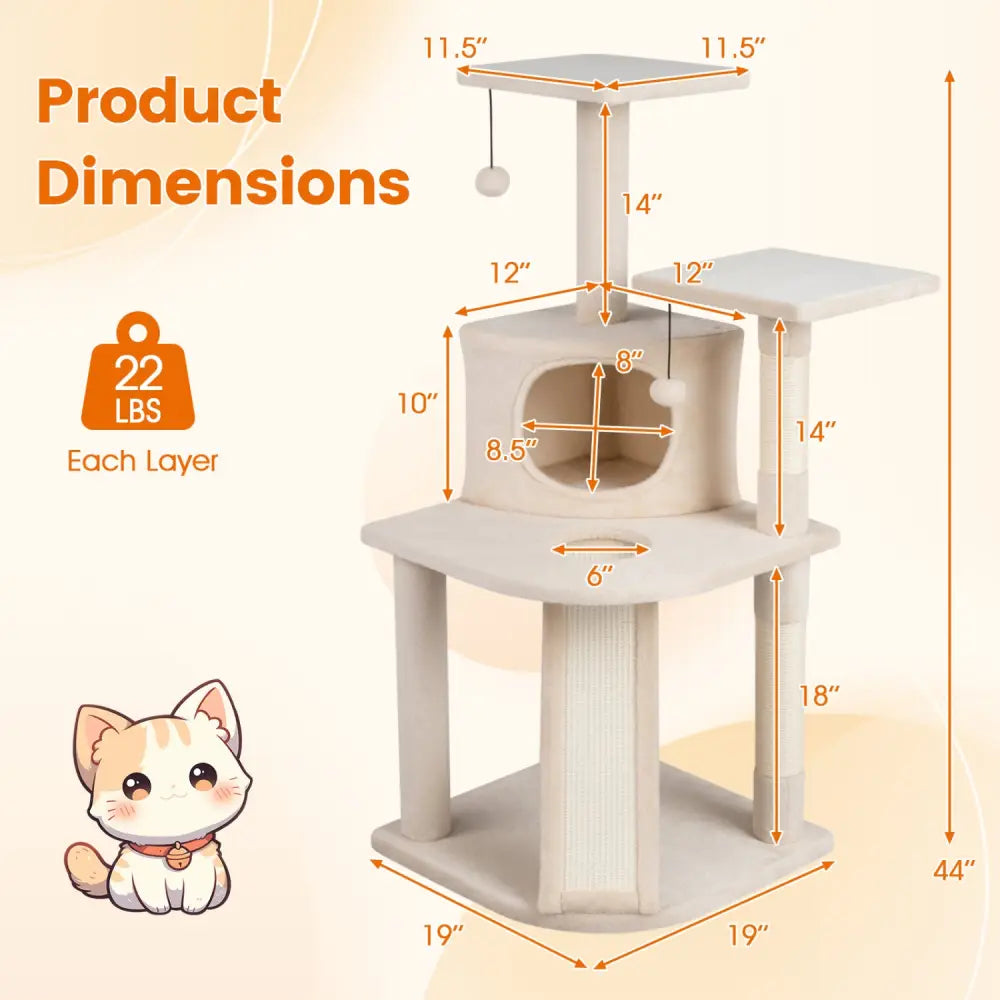 44 Inch Tall Kitten Tower with Condo and 2 Plush Perches-Beige - Beige - Cat Trees Condos & Scratchers