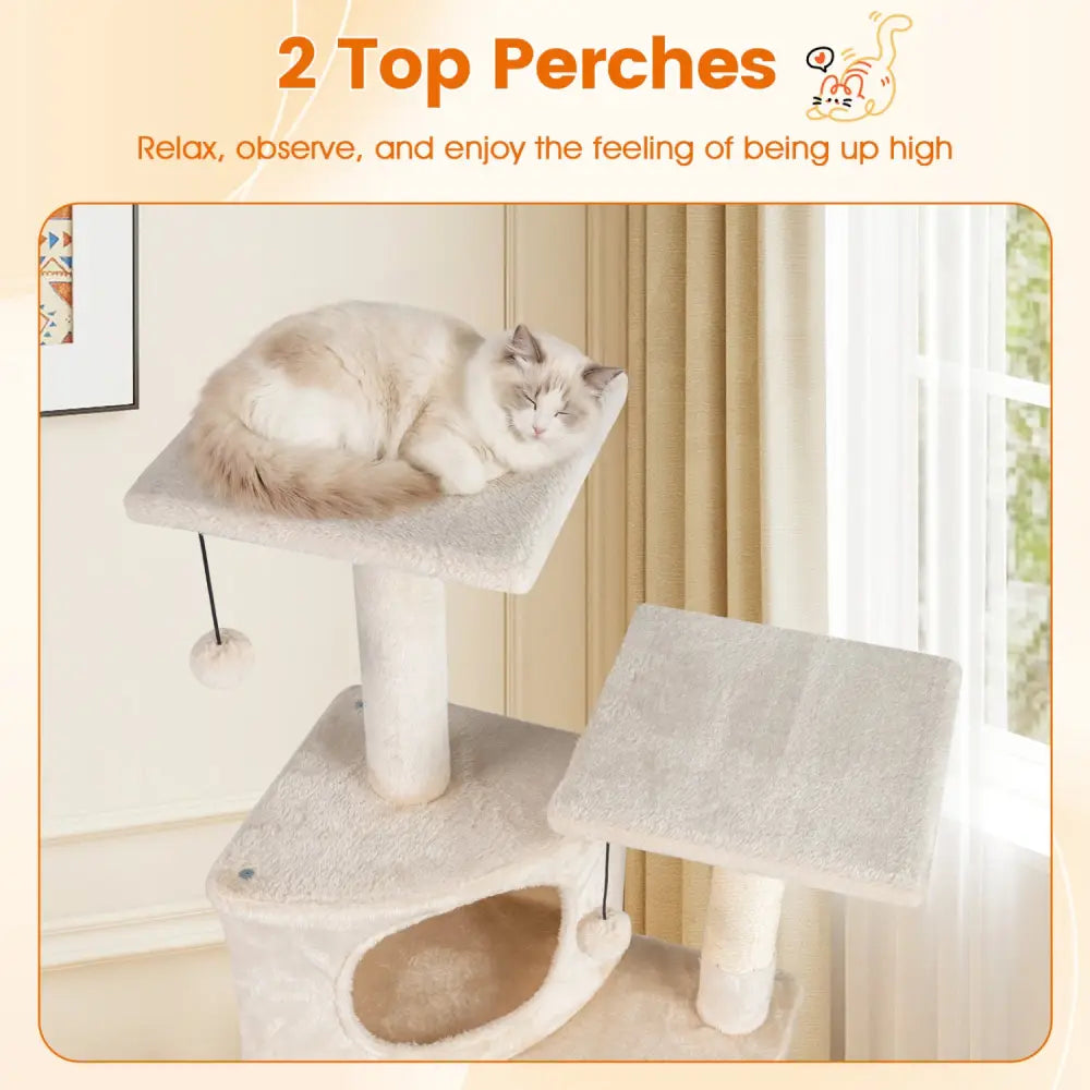 44 Inch Tall Kitten Tower with Condo and 2 Plush Perches-Beige - Beige - Cat Trees Condos & Scratchers