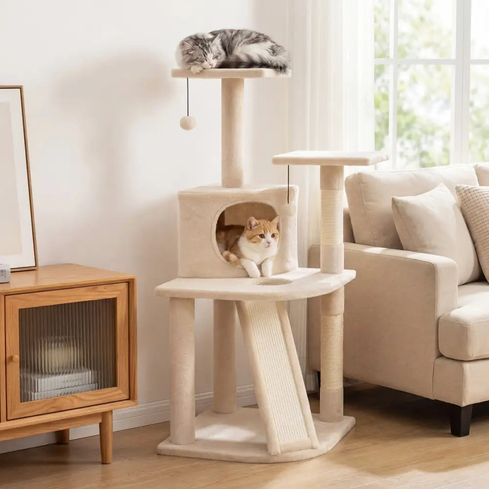 44 Inch Tall Kitten Tower with Condo and 2 Plush Perches-Beige - Beige - Cat Trees Condos & Scratchers