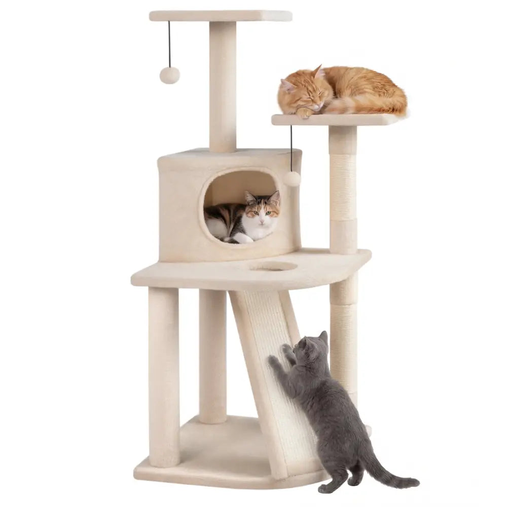 44 Inch Tall Kitten Tower with Condo and 2 Plush Perches-Beige - Beige - Cat Trees Condos & Scratchers