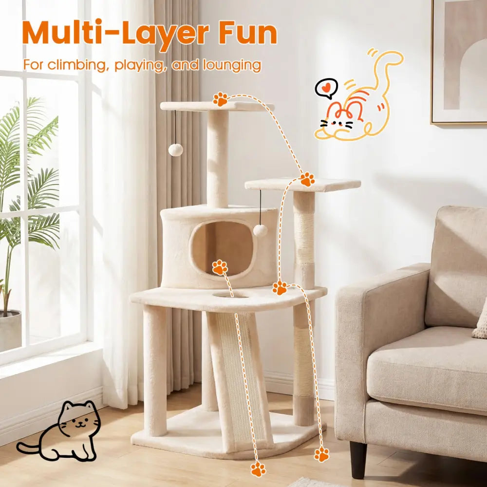 44 Inch Tall Kitten Tower with Condo and 2 Plush Perches-Beige - Beige - Cat Trees Condos & Scratchers