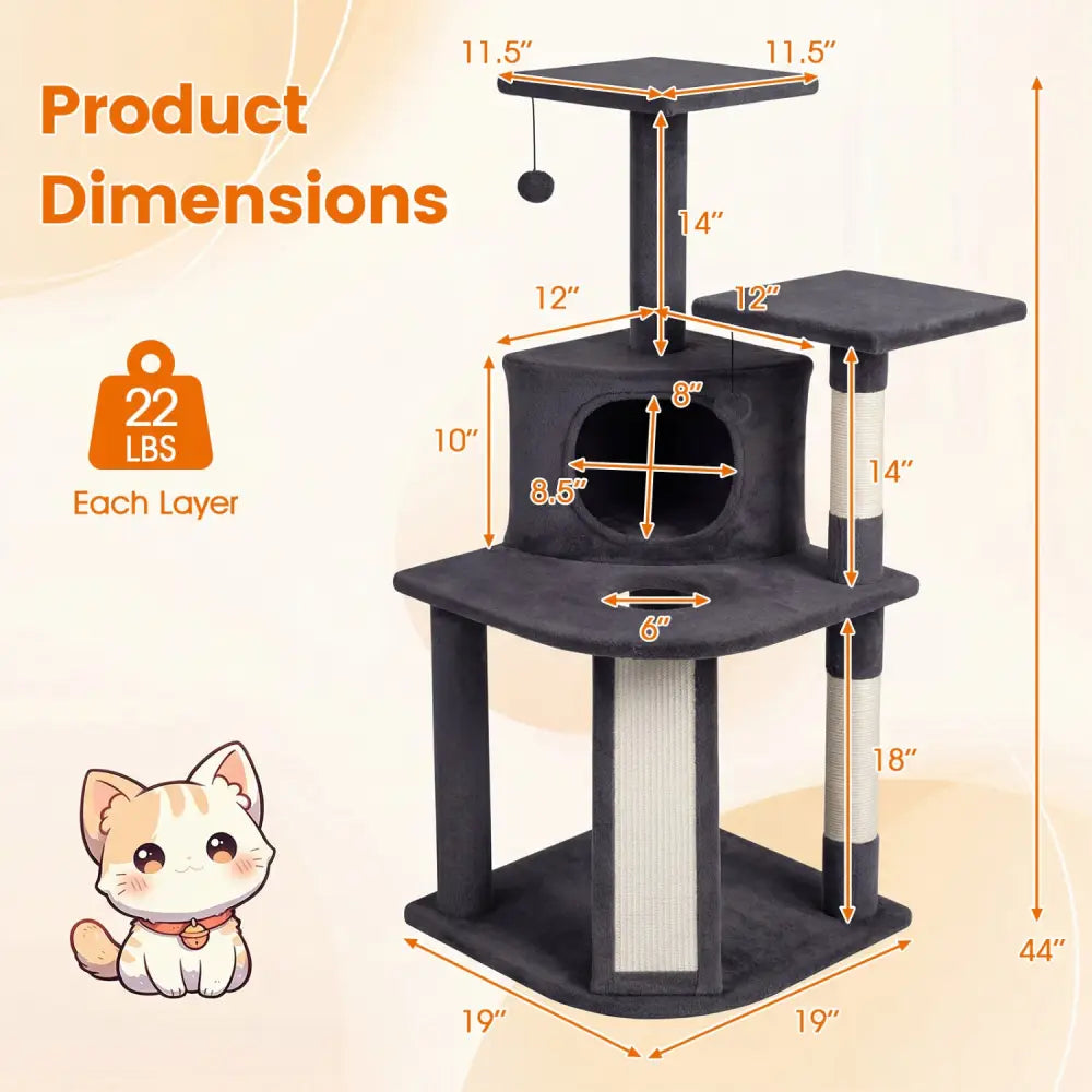 44 Inch Tall Kitten Tower with Condo and 2 Plush Perches-Dark Gray - Dark Gray - Cat Trees Condos & Scratchers