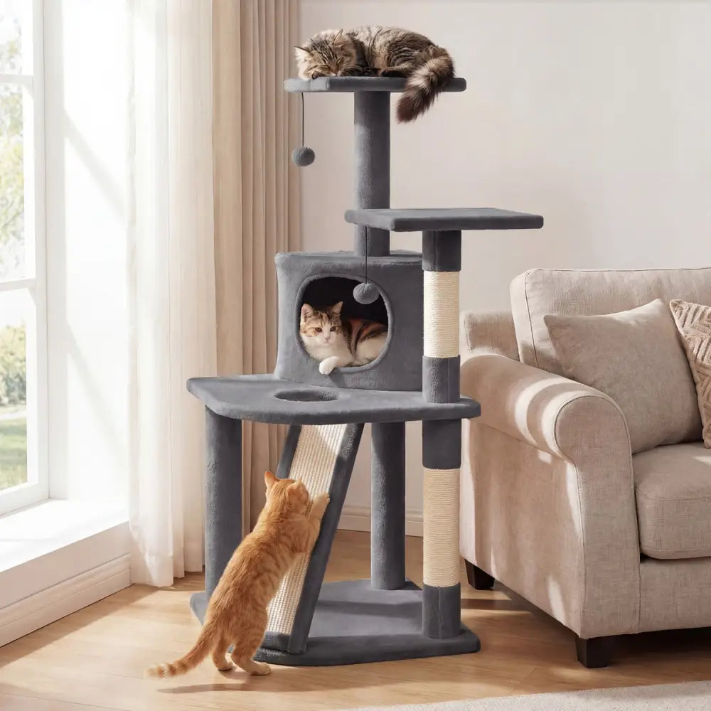 44 Inch Tall Kitten Tower with Condo and 2 Plush Perches-Light Gray - Light Gray - Cat Trees Condos & Scratchers