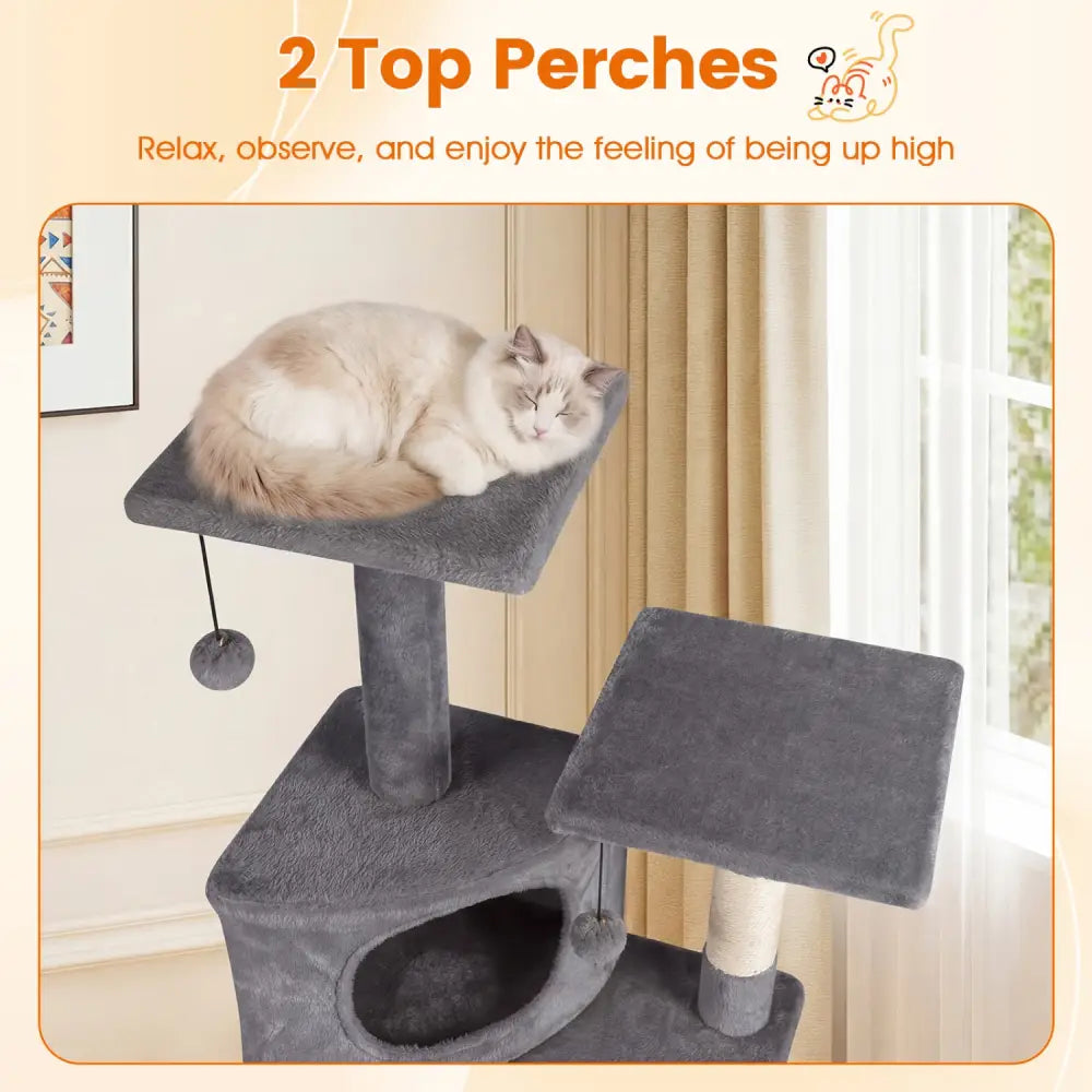 44 Inch Tall Kitten Tower with Condo and 2 Plush Perches-Light Gray - Light Gray - Cat Trees Condos & Scratchers