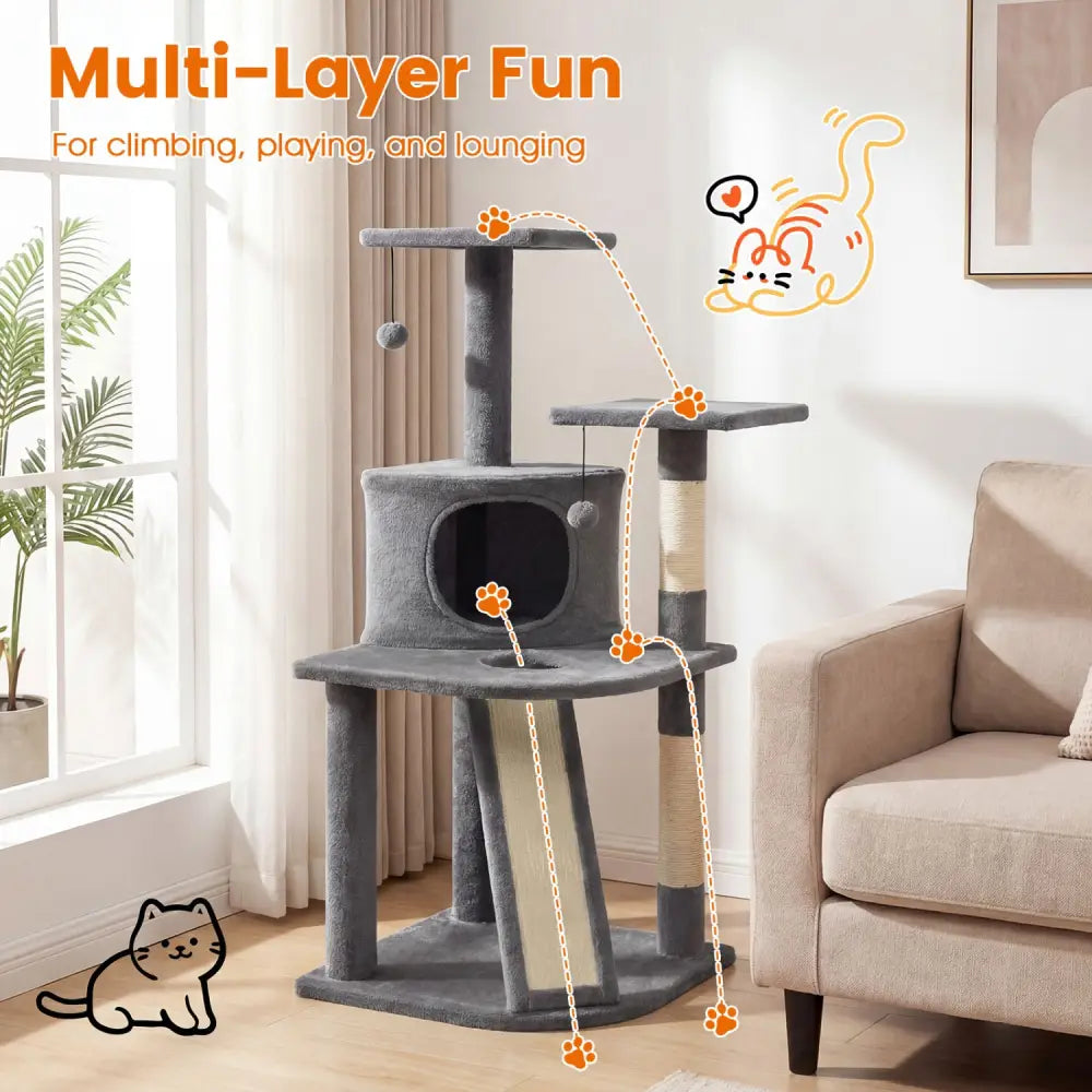 44 Inch Tall Kitten Tower with Condo and 2 Plush Perches-Light Gray - Light Gray - Cat Trees Condos & Scratchers