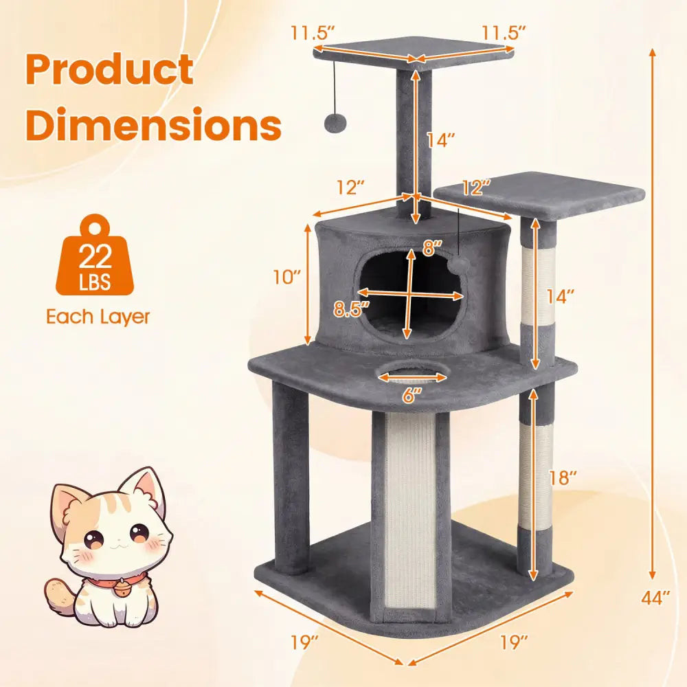 44 Inch Tall Kitten Tower with Condo and 2 Plush Perches-Light Gray - Light Gray - Cat Trees Condos & Scratchers