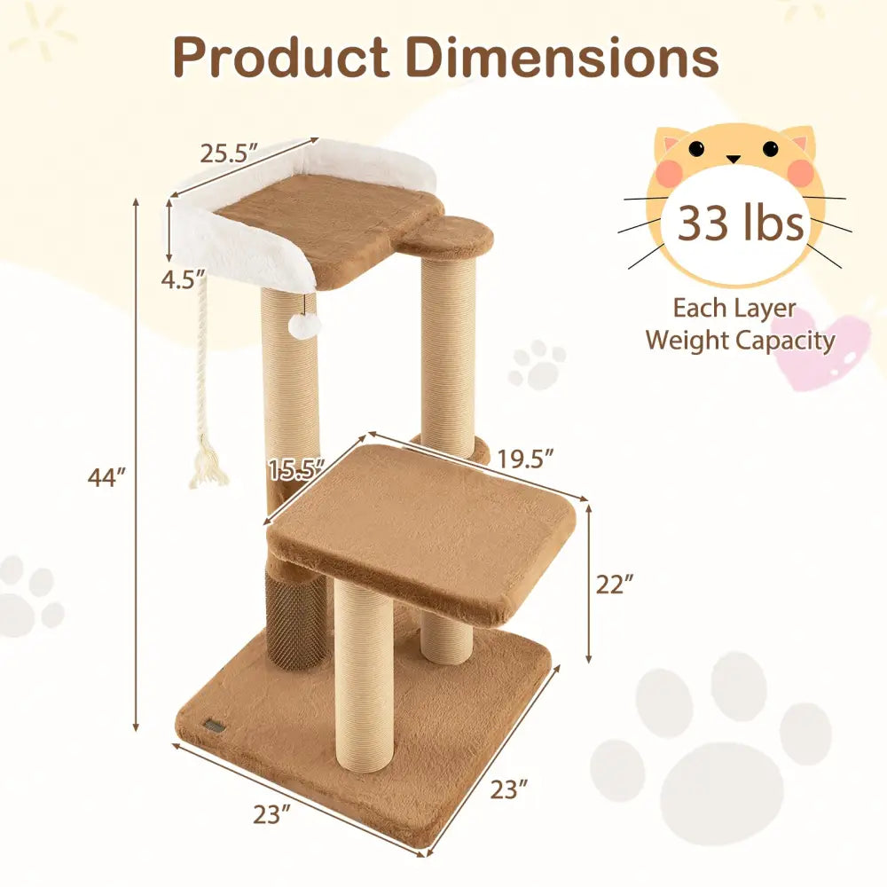 44 Inches Modern Cat Tree for Indoor Cats with Plush Padded Perch and Dangling Ball-Coffee - Coffee - Cat Trees Condos