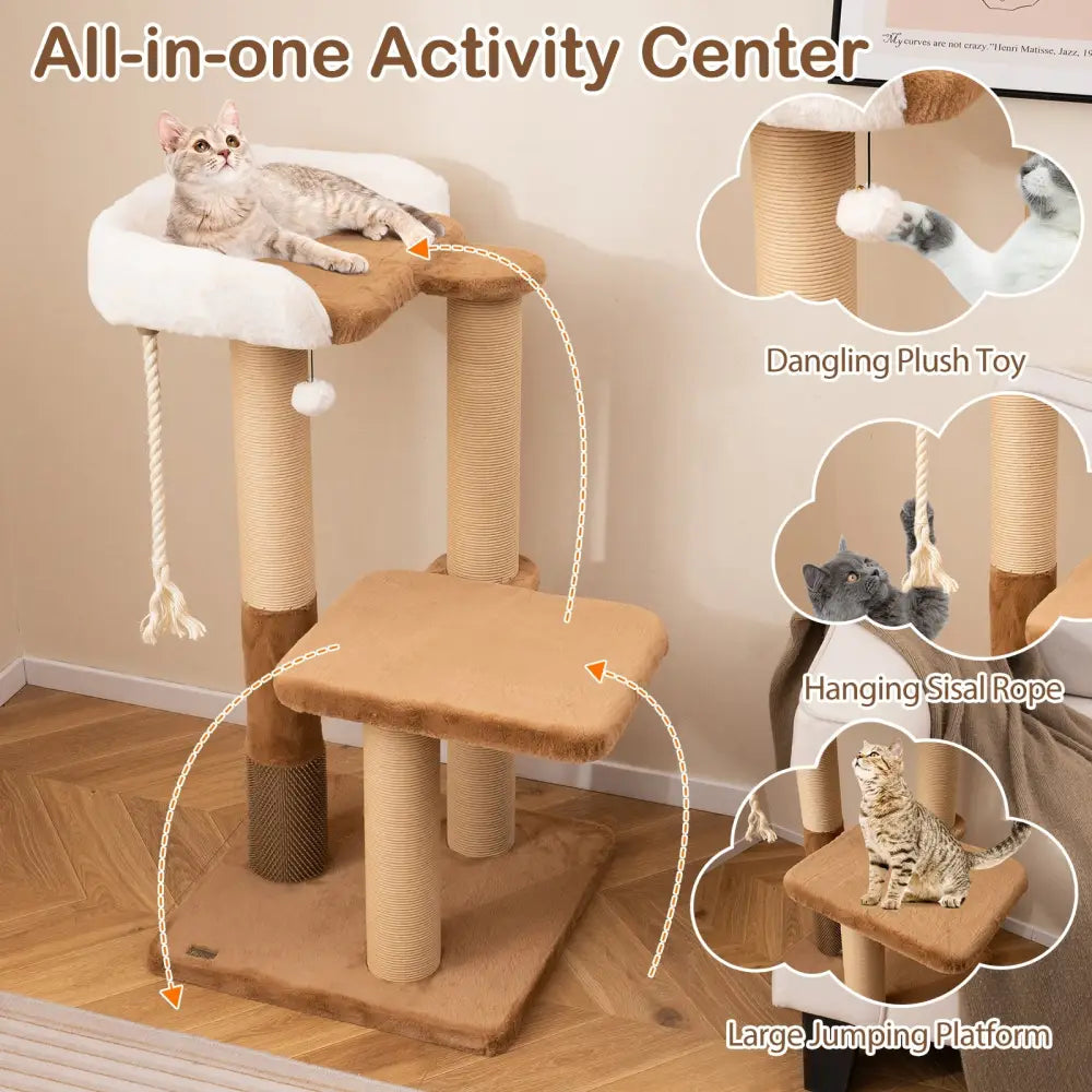 44 Inches Modern Cat Tree for Indoor Cats with Plush Padded Perch and Dangling Ball-Coffee - Coffee - Cat Trees Condos