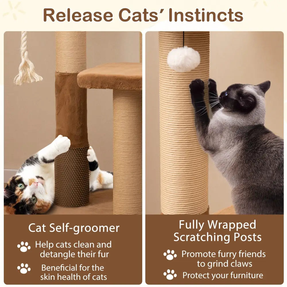 44 Inches Modern Cat Tree for Indoor Cats with Plush Padded Perch and Dangling Ball-Coffee - Coffee - Cat Trees Condos