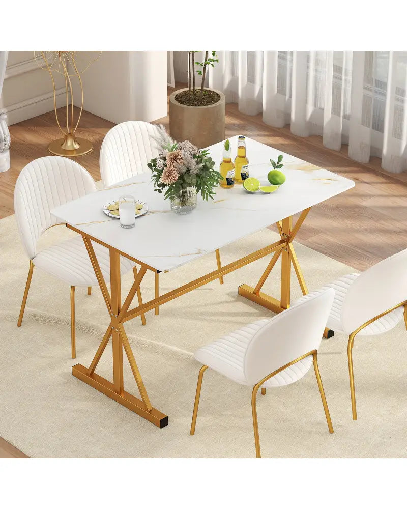 44 Inches Sintered Stone Dining Table with Metal Frame and Faux Marble Tabletop-White - White - Dining Tables