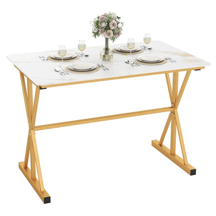 44 Inches Sintered Stone Dining Table with Metal Frame and Faux Marble Tabletop-White Costway